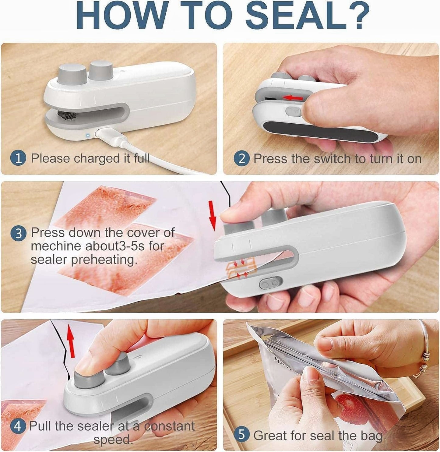 Mini vacuum Sealer with Cutter 2in1 USB Rechargeable Magnetic Food Bag Manual Vacuum Bag Sealer