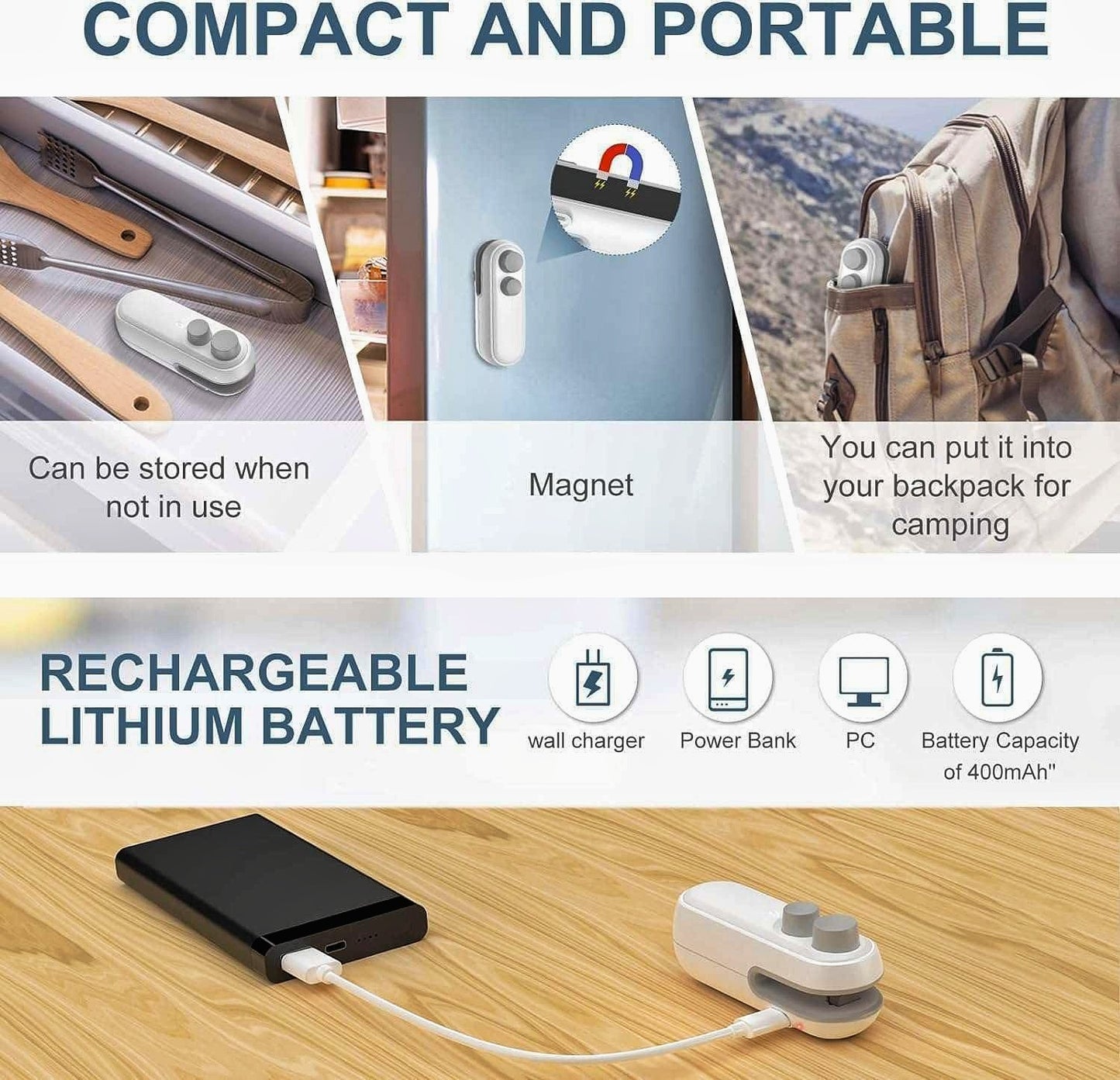 Mini vacuum Sealer with Cutter 2in1 USB Rechargeable Magnetic Food Bag Manual Vacuum Bag Sealer