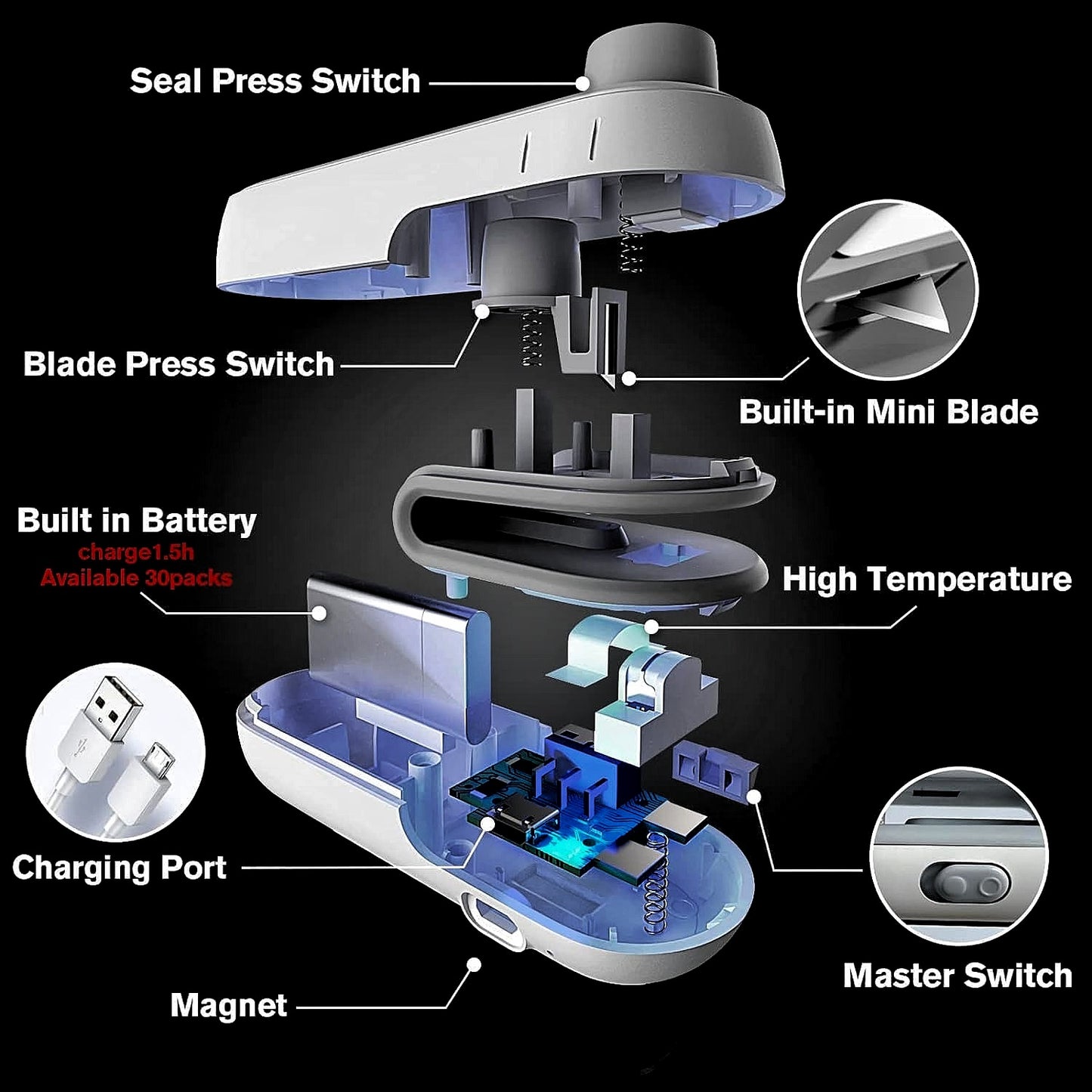 Mini vacuum Sealer with Cutter 2in1 USB Rechargeable Magnetic Food Bag Manual Vacuum Bag Sealer