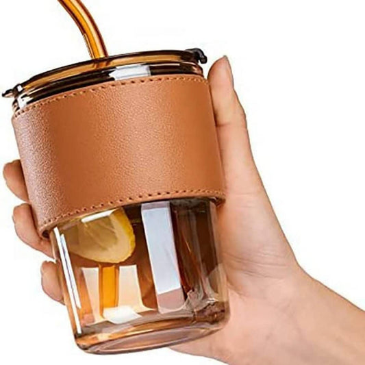 Premium Glass Mason Jar – Leather Sleeve, Leakproof Lid & Straw(Eco-friendly straw)  450ml