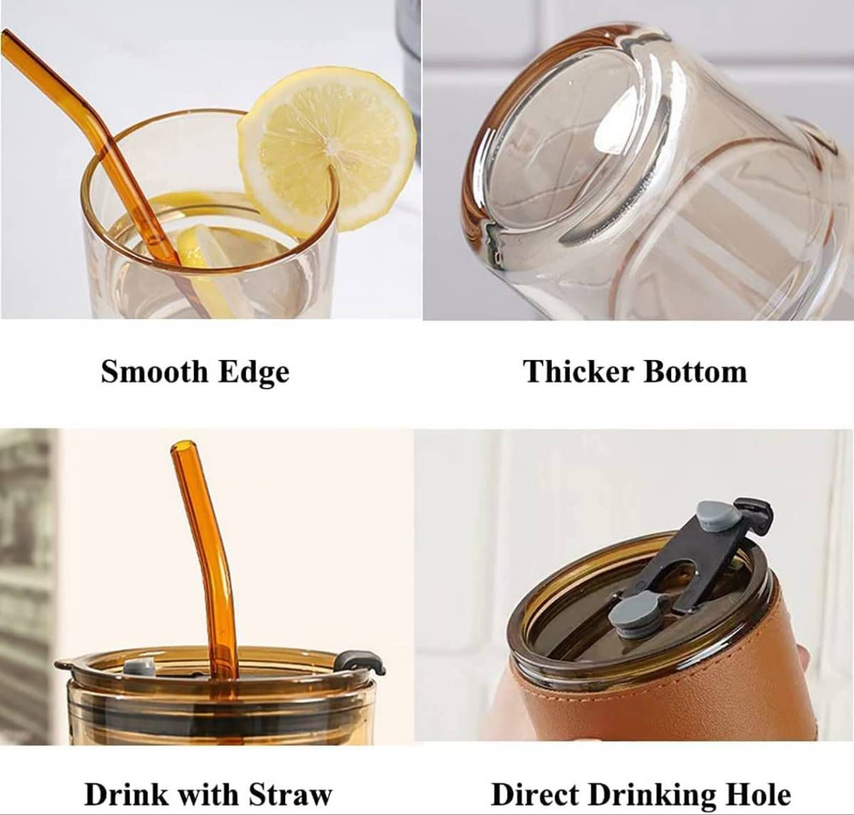 Premium Glass Mason Jar – Leather Sleeve, Leakproof Lid & Straw(Eco-friendly straw) 450ml