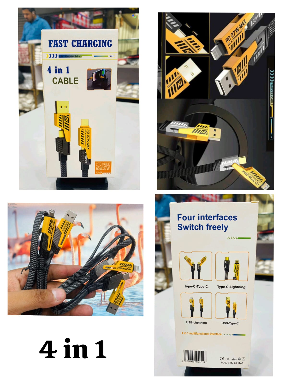 4-in-1 Multi Charging & Data Cable – Gold-Plated Ports, Ultra-Fast Charging, Thunderbolt/Type-C/Lightning/USB-A Compatible with iPhone & Laptops