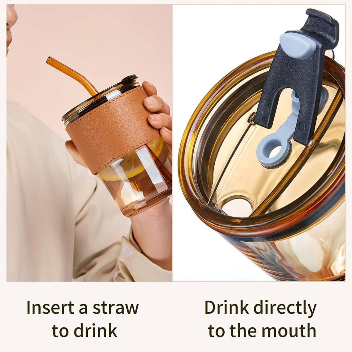 Premium Glass Mason Jar – Leather Sleeve, Leakproof Lid & Straw(Eco-friendly straw)  450ml