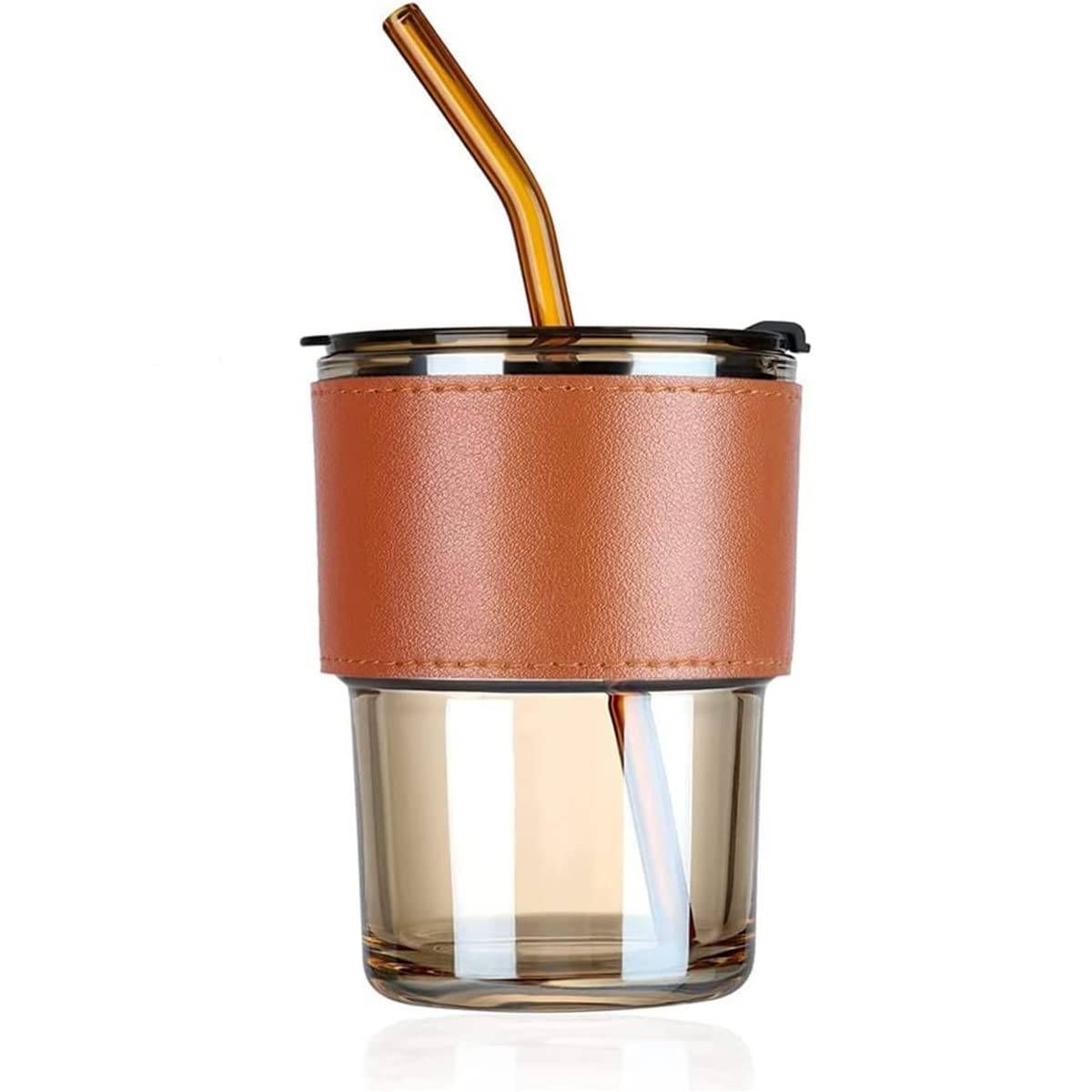 Premium Glass Mason Jar – Leather Sleeve, Leakproof Lid & Straw(Eco-friendly straw)  450ml