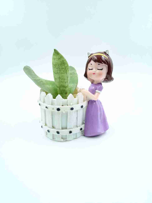 Handcrafted Girl With White Basket 🧺 Planter/Flower Pot For Table Top Decorative Gardening Pot for Living Room, Home & Office Decor (Size 11cmx10cm)
