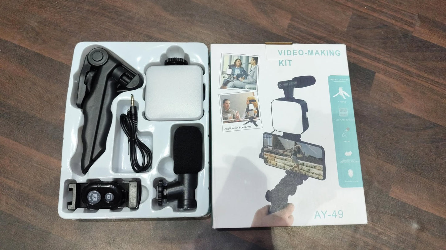 6-in-1 Vlogging Kit for Android with Tripod, Mini LED Light, Cardioid Microphone, Phone Clip – Perfect for Live Streaming, YouTube, Instagram & Video Calls